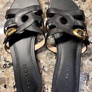 Coach Black Leather Sandals with Gold Buckle